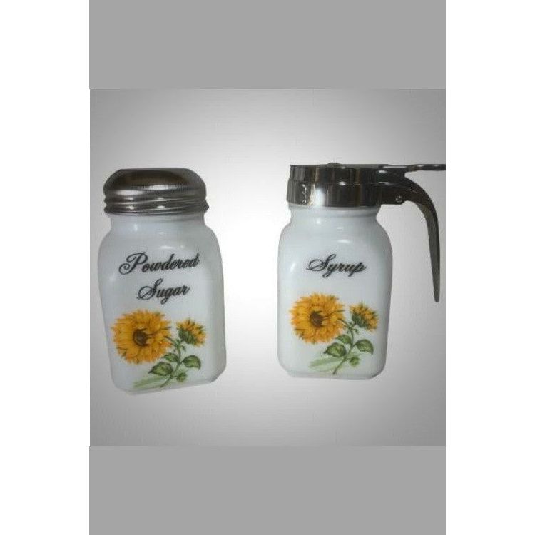 Square Stove Top Spice Jars, Milk Glass w/Sunflower