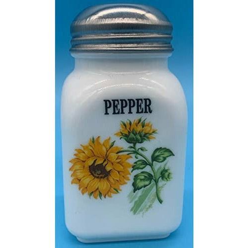 Square Stove Top Spice Jars, Milk Glass w/Sunflower