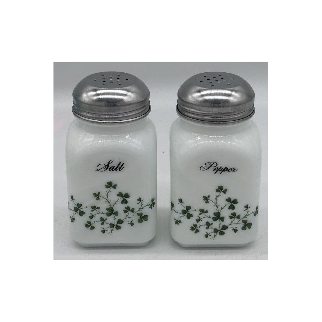 Square Stove Top Spice Jars, Milk Glass w/Clovers