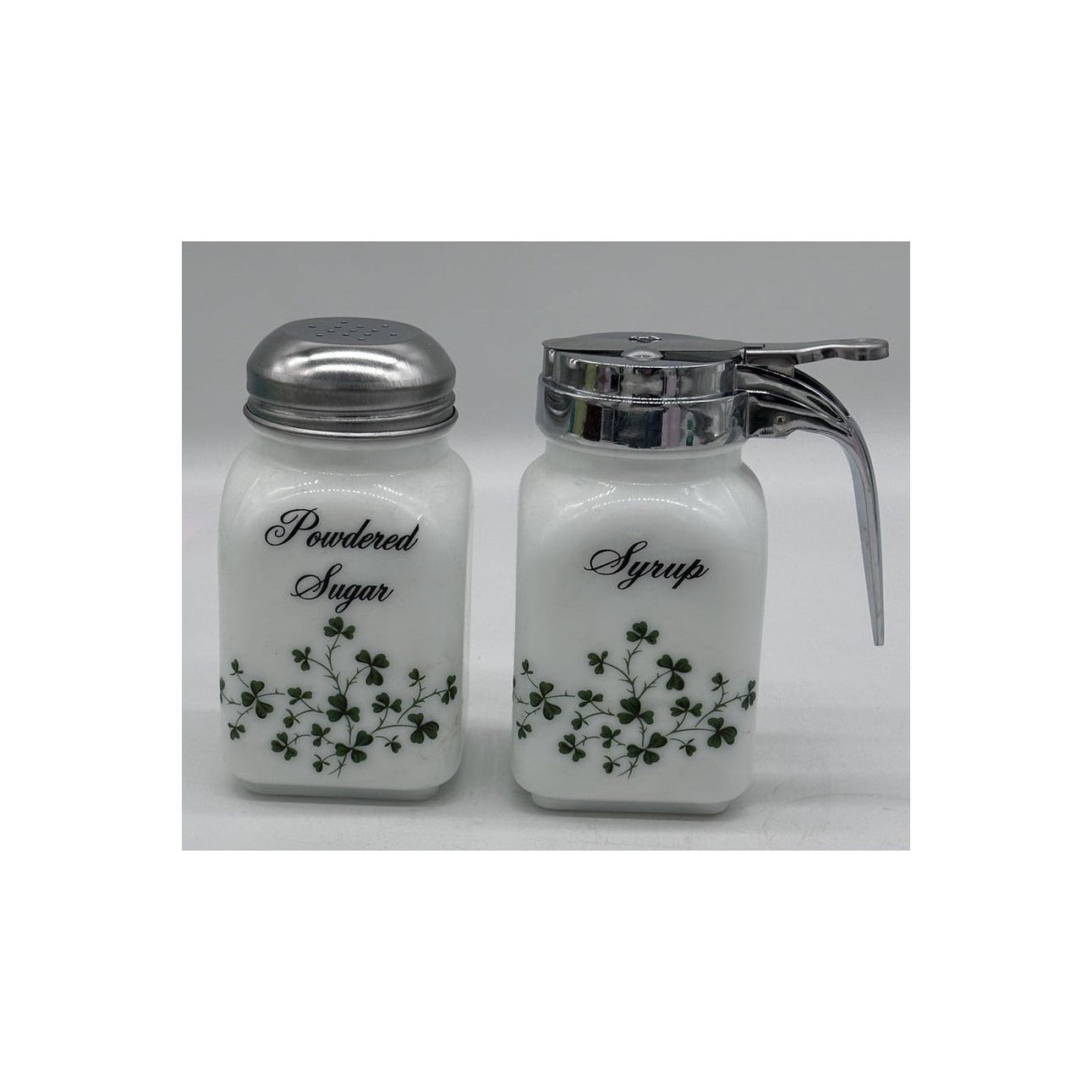 Square Stove Top Spice Jars, Milk Glass w/Clovers