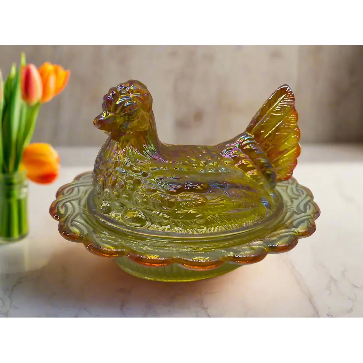 Covered Chicken Dish with Split Tail on Wide Rim Base