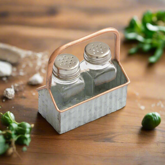 Salt & Pepper Shakers in Corrugated Metal Caddy