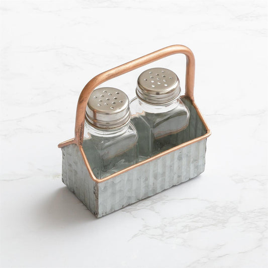 Salt & Pepper Shakers in Corrugated Metal Caddy